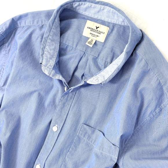 AE Classic Fit 100% Cotton Seriously Soft Button Down Shirt Blue Pinstripe XXL - Picture 3 of 6